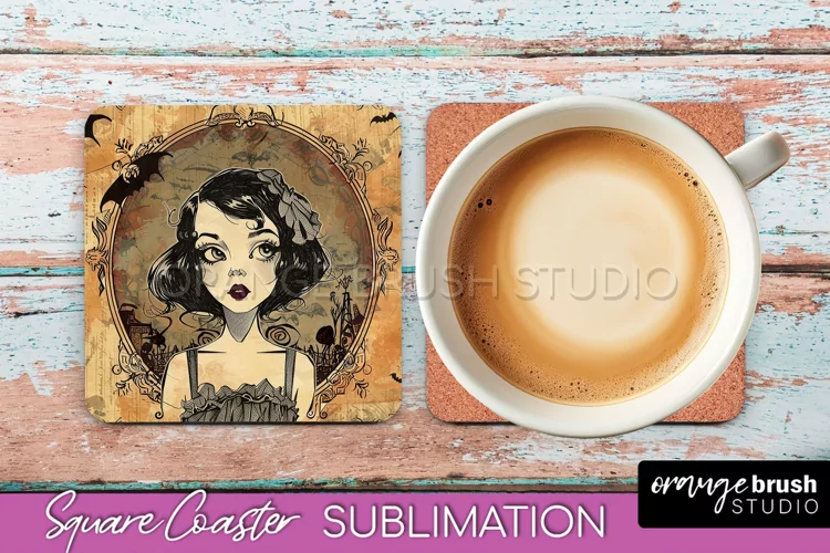 Vintage Halloween Square Coaster Sublimation - Spooky PNG