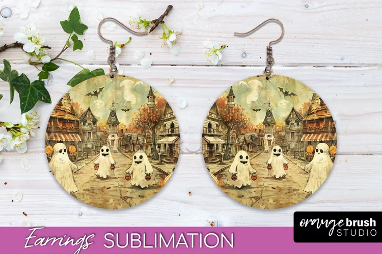 Vintage Halloween Round Earrings Sublimation Spooky Earrings