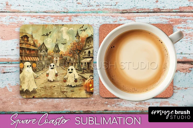 Vintage Halloween Square Coaster Sublimation - Spooky PNG
