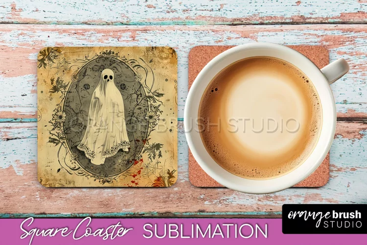 Vintage Halloween Square Coaster Sublimation - Spooky PNG