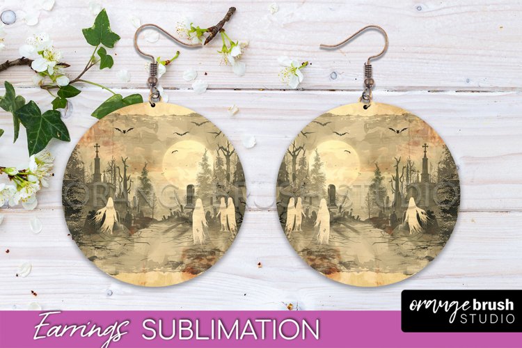 Vintage Halloween Round Earrings Sublimation Spooky Earrings