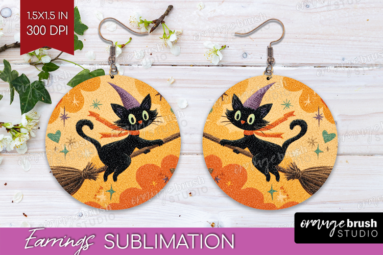 Retro Halloween Round Earrings - Vintage PNG Sublimation