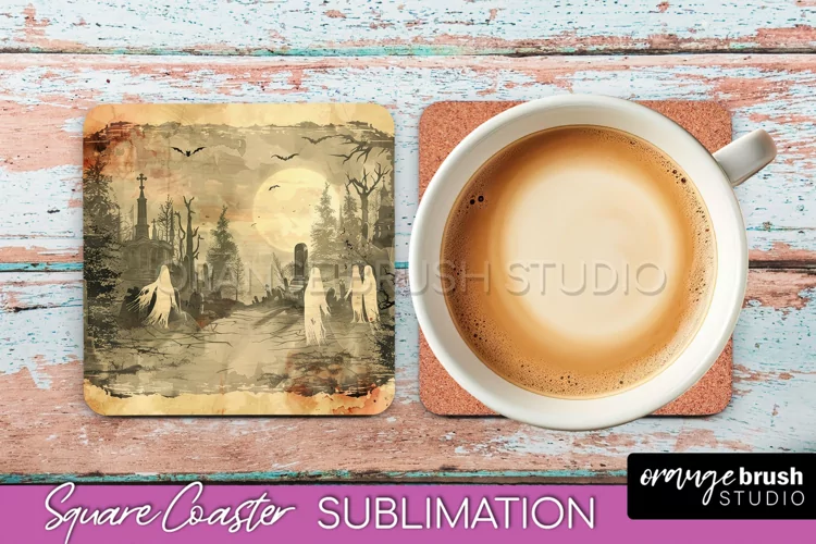Vintage Halloween Square Coaster Sublimation - Spooky PNG