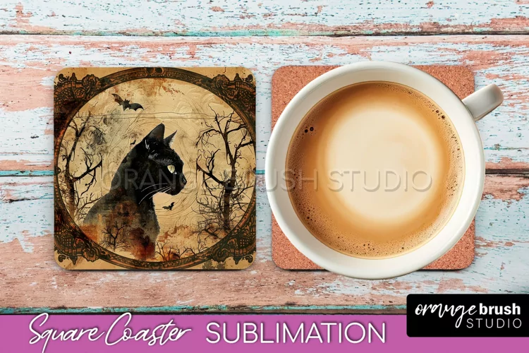 Vintage Halloween Square Coaster Sublimation - Spooky PNG