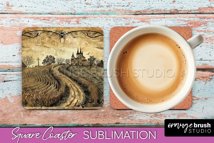 Vintage Halloween Square Coaster Sublimation - Spooky PNG