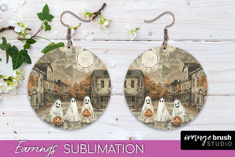 Vintage Halloween Round Earrings Sublimation Spooky Earrings