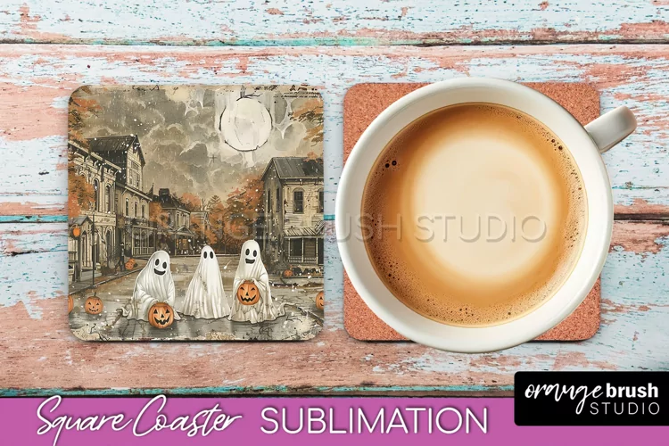 Vintage Halloween Square Coaster Sublimation - Spooky PNG