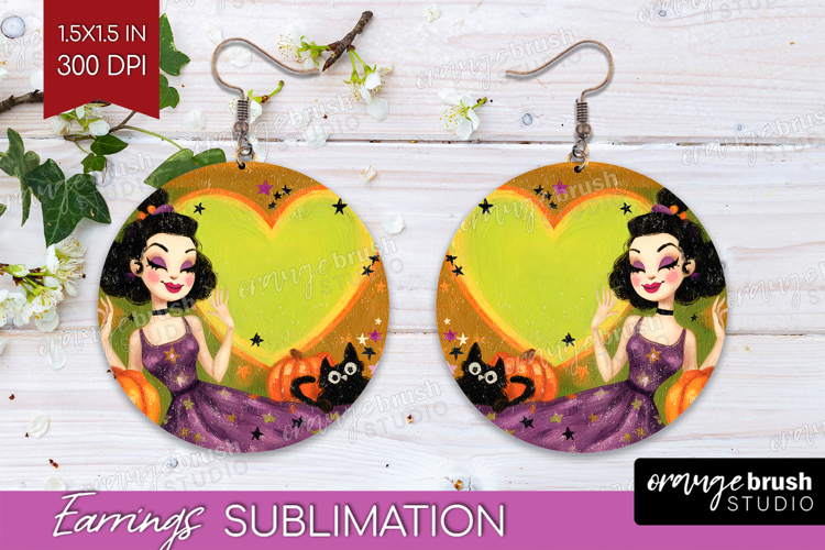 Retro Halloween Round Earrings - Vintage PNG Sublimation