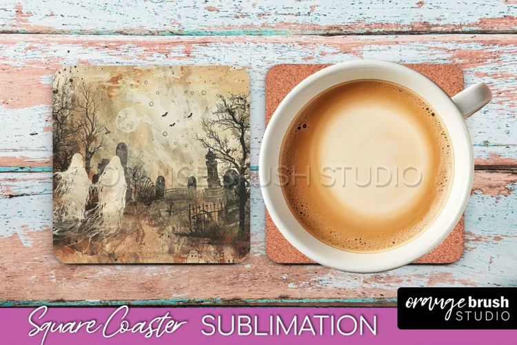 Vintage Halloween Square Coaster Sublimation - Spooky PNG