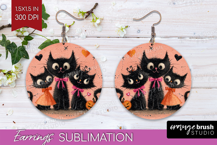Retro Halloween Round Earrings - Vintage PNG Sublimation