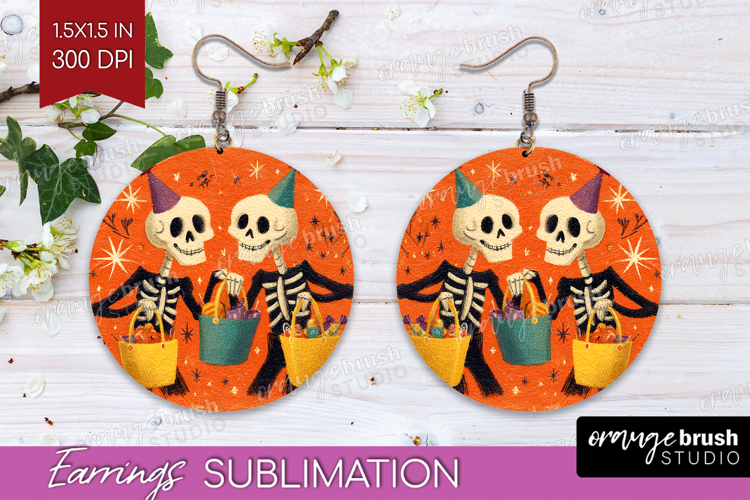 Retro Halloween Round Earrings - Vintage PNG Sublimation