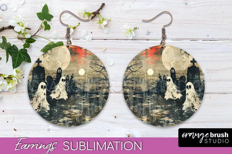 Vintage Halloween Round Earrings Sublimation Spooky Earrings