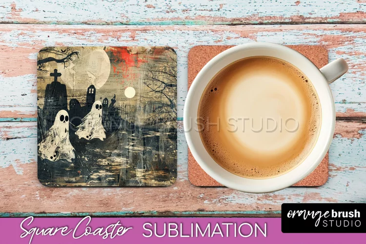 Vintage Halloween Square Coaster Sublimation - Spooky PNG