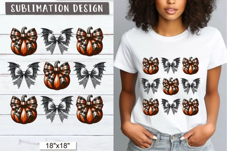Vintage Halloween Bat Bow Pumpkin sublimation design