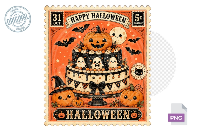 Vintage Halloween Cake Pumpkin Ghost Stamp PNG Design Art