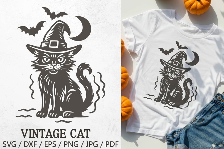 Vintage Halloween Cat SVG | Retro Black Cat in Witch Hat PNG
