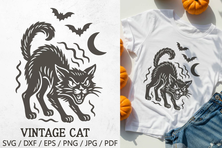 Vintage Halloween Cat SVG | Retro Scary Black Cat PNG