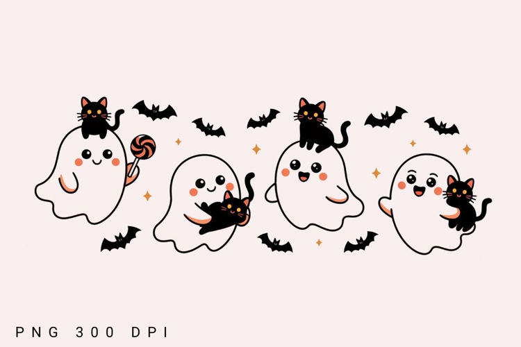 Vintage Halloween Ghost with Black Cats PNG