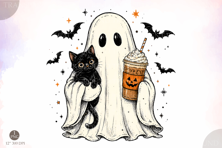 Vintage Halloween Ghost with Black Cat PNG