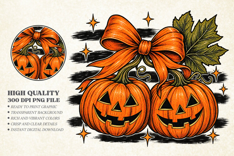 Vintage Halloween Jack O Lantern Design, Spooky Pumpkin Bow example image 1