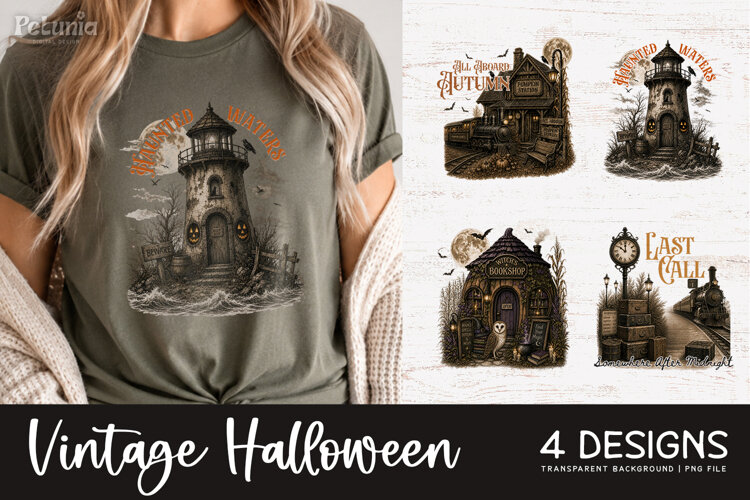 Trendy vintage Halloween png designs being used as trendy spooky season shirt prints