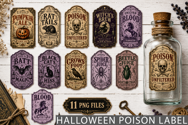 Vintage Halloween Poison Bottle Labels PNG,