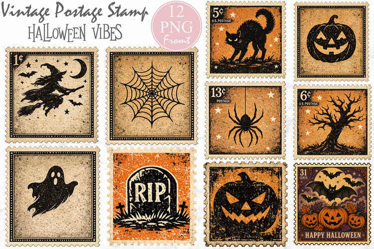 Vintage Halloween Postage Stamp Clipart Bundle
