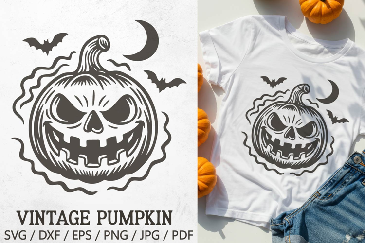 Vintage Halloween Pumpkin SVG | Jack O’Lantern with Bats PNG