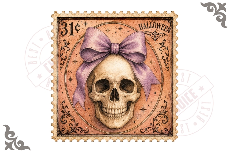 Vintage Halloween Skull With Bow Postage Stamp PNG