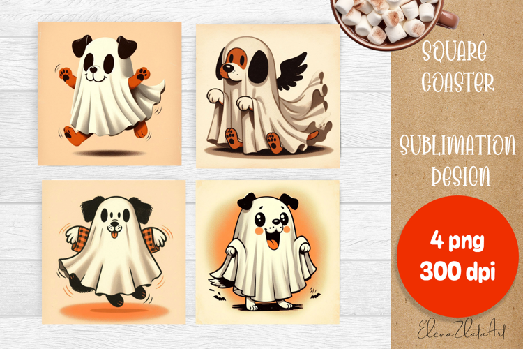 Vintage Halloween Square Coaster, Boo Ghost dog