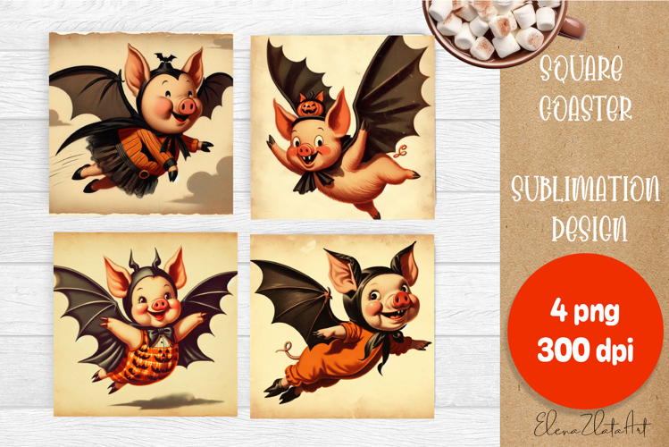 Vintage Halloween Square Coaster, Boo Ghost pig