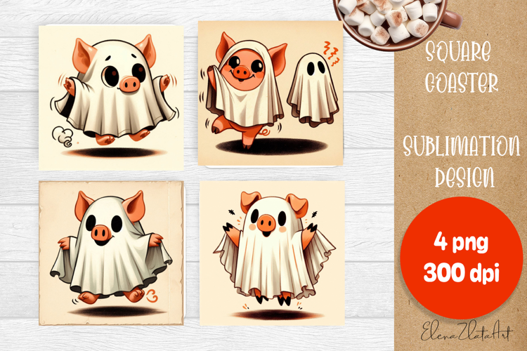 Vintage Halloween Square Coaster, Boo Ghost pig