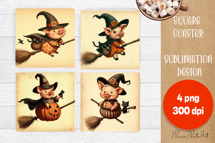 Vintage Halloween Square Coaster, Boo Ghost pig