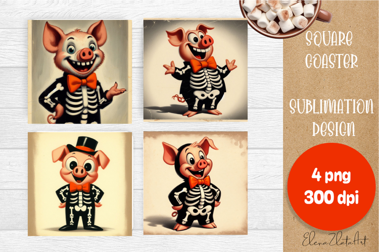 Vintage Halloween Square Coaster, Boo Ghost pig