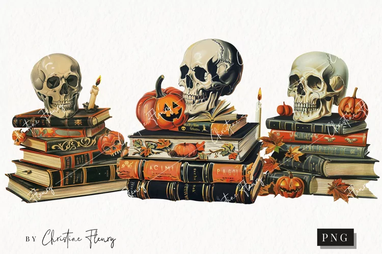 Vintage Skull Book Stack Clipart | Halloween PNG