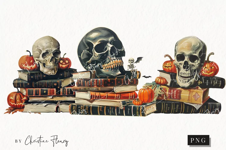 Vintage Skull Book Stack Clipart | Halloween PNG