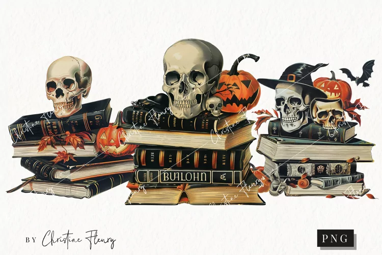 Vintage Skull Book Stack Clipart | Halloween PNG