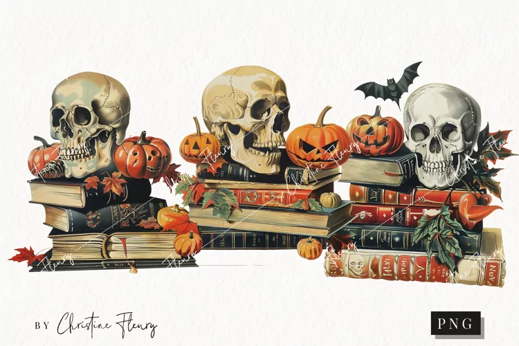 Vintage Skull Book Stack Clipart | Halloween PNG