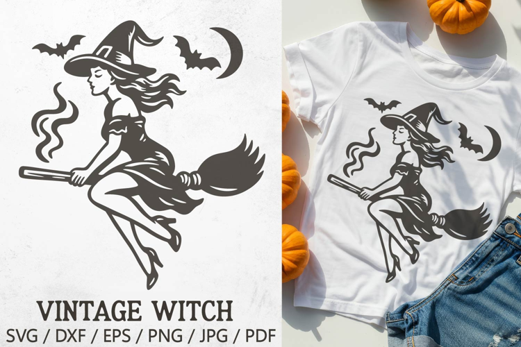 Vintage Halloween Witch SVG | Flying Witch on Broom PNG