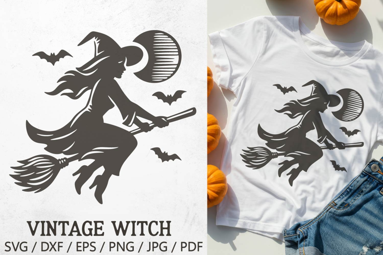 Vintage Halloween Witch SVG | Flying Witch Silhouette PNG