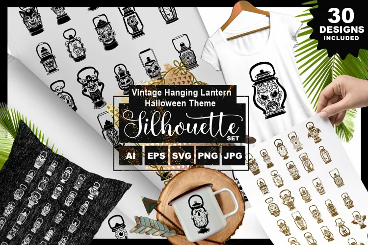 Vintage Hanging Lantern Halloween Silhouette Pack