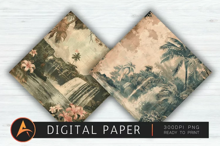 Vintage Hawaiian Waterfall Digital Paper PNG