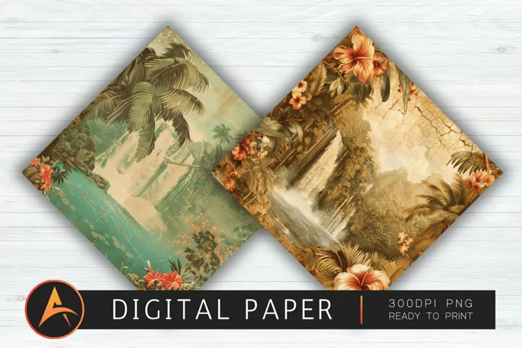 Vintage Hawaiian Waterfall Digital Paper