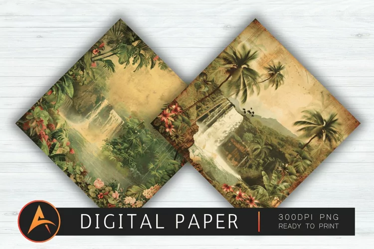Vintage Hawaiian Waterfall Digital Paper PNG