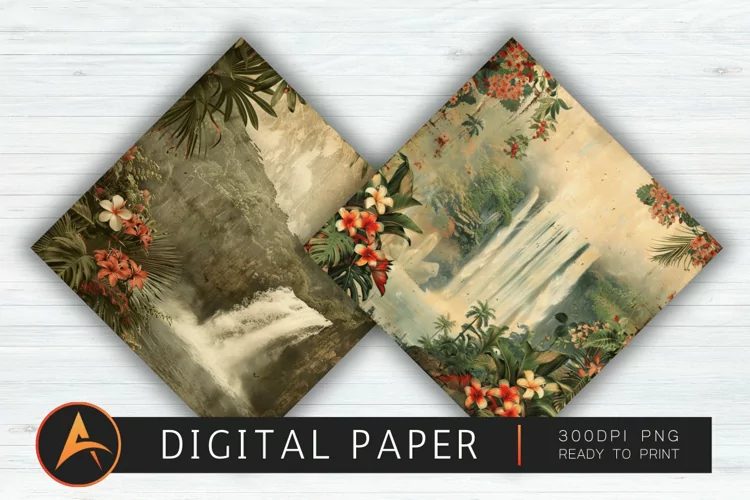 Vintage Hawaiian Waterfall Scrapbook Paper