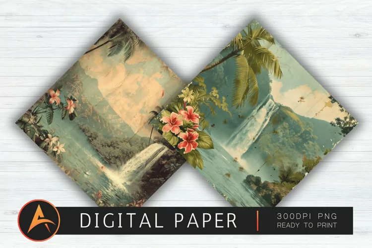 Vintage Hawaiian Waterfall Wallpaper