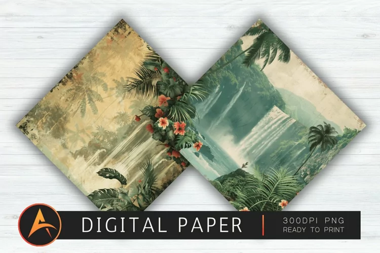 Vintage Hawaiian Waterfall Digital Paper