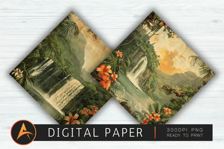 Vintage Hawaiian Waterfall Scrapbook Paper