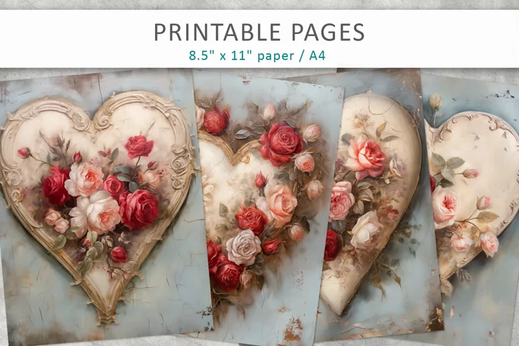 Vintage heart junk journal, Valentine’s heart pages