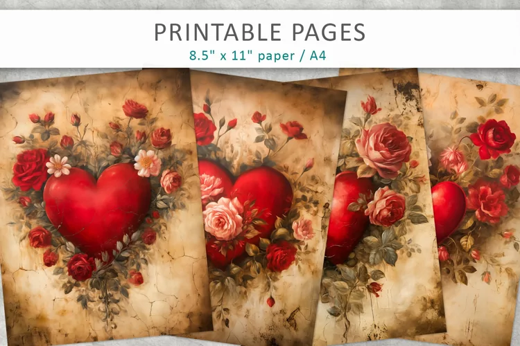 Vintage heart junk journal, Valentine’s junk journal pages